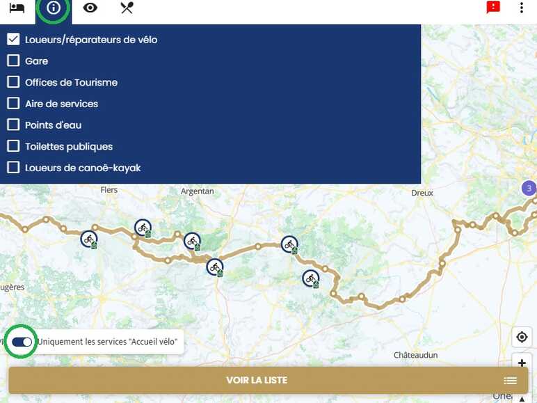 Recherche de location de vélos à la journée le long de la Véloscénie sur les cartes du site internet de la Véloscénie